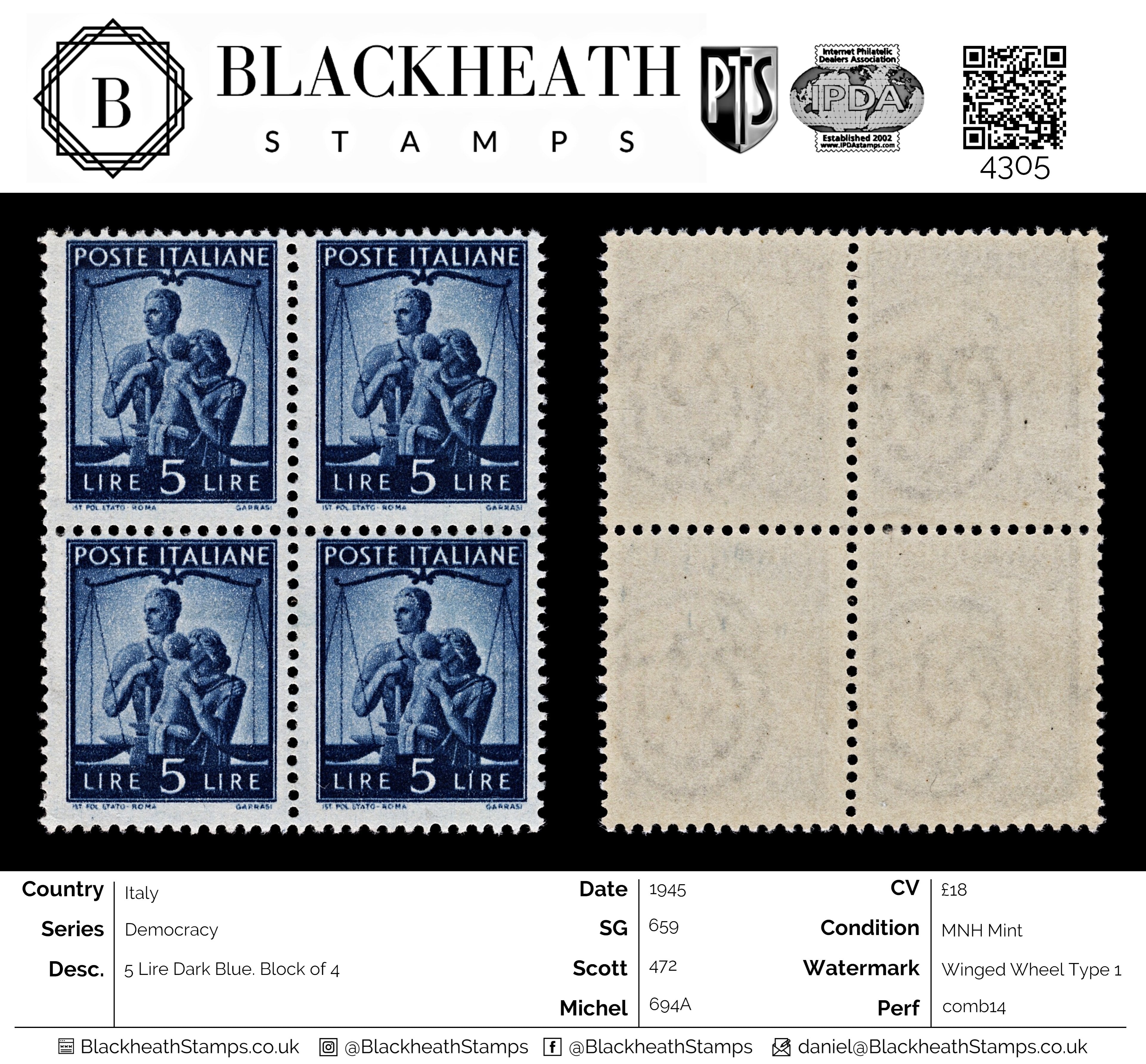 4305: Italy SG659 5 Lire Dark Blue. Block of 4. 1945. Sc#472