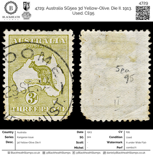 4729 Australia SG5ea 3d Yellow-Olive. Die II. 1913. Used. C£95