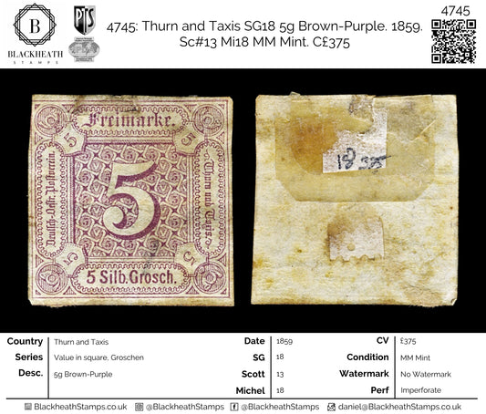 4745 Thurn and Taxis SG18 5g Brown-Purple. 1859. Sc#13 Mi18 MM Mint. C£375
