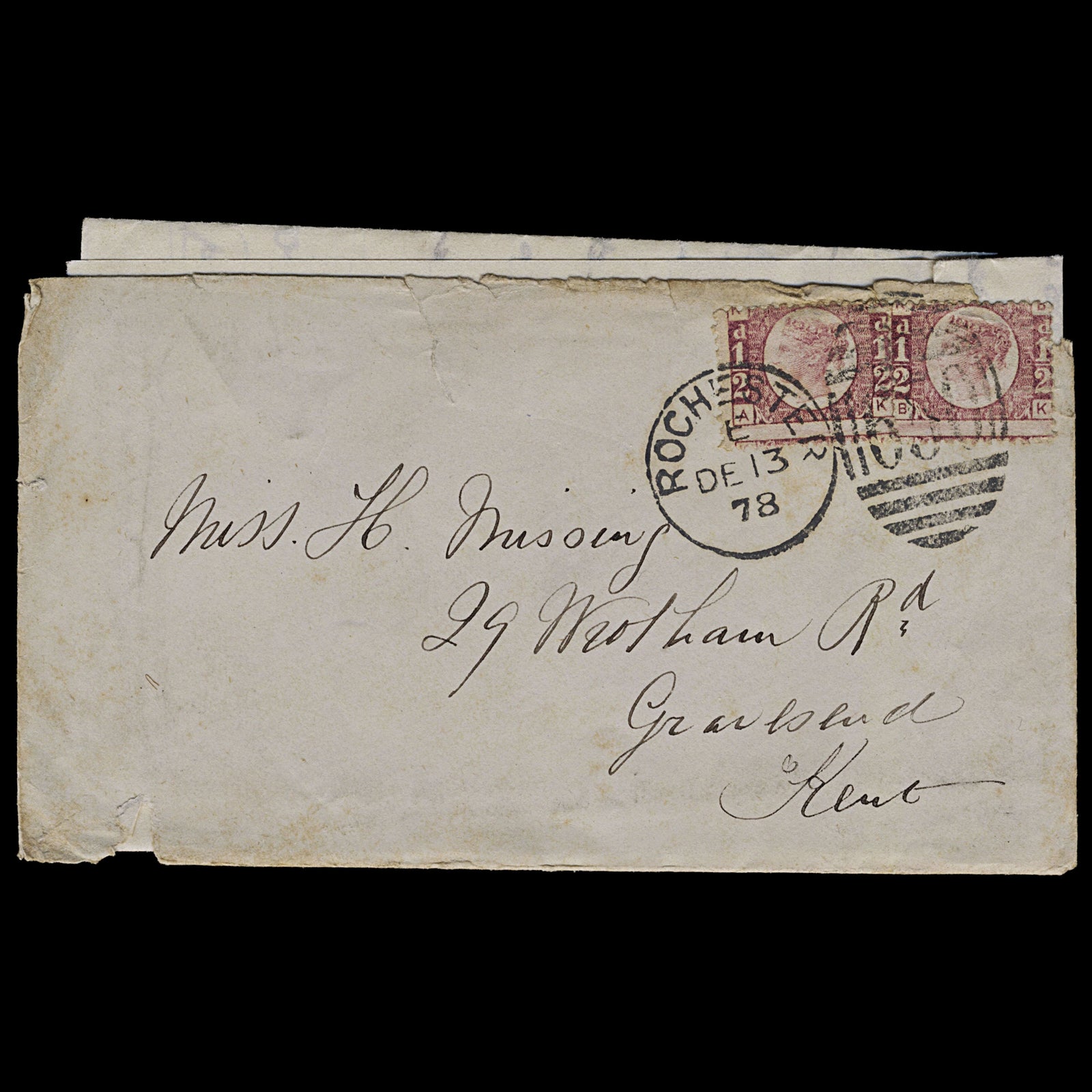 5071 GB SG48 ½d Lake-Red. Plate 19 "AK BK" Pair on Cover. CV £300+