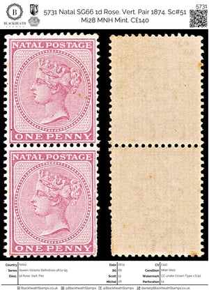 5731 Natal SG66 1d Rose. Vert. Pair 1874. Sc#51 Mi28 MNH Mint. C£140