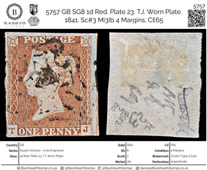 5757 GB SG8 1d Red. Plate 23. TJ. Worn Plate.  1841. Sc#3 Mi3Ib 4 Margins. C£65
