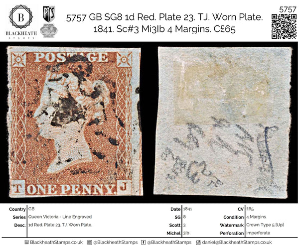 5757 GB SG8 1d Red. Plate 23. TJ. Worn Plate.  1841. Sc#3 Mi3Ib 4 Margins. C£65
