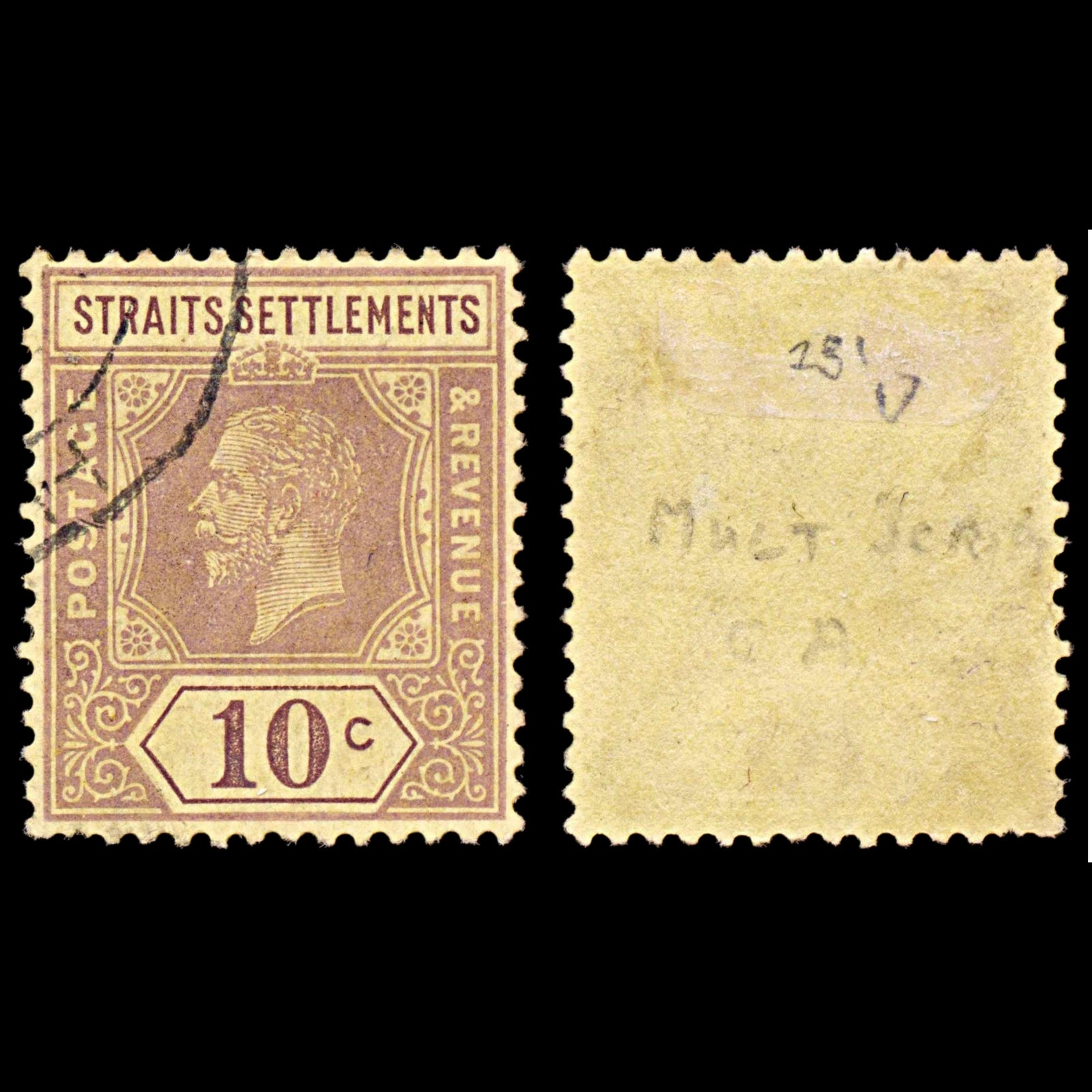 5771 Straits Settlements SG231 10c Violet on Yellow 1925. Sc#191a Mi181Ia Used. C£17
