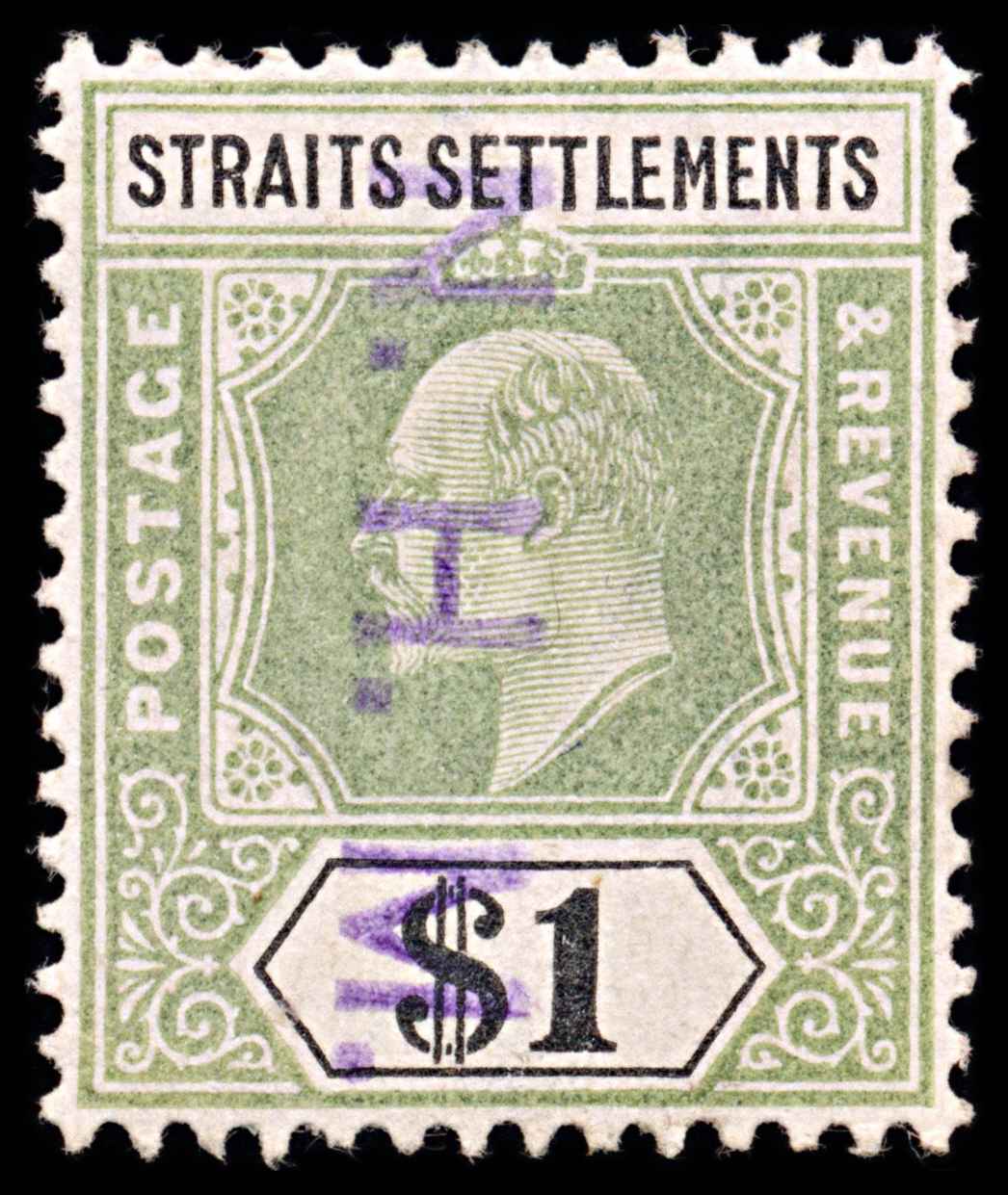 5773 Straits Settlements SG136 $1 Green & Black. Ordinary Paper 1905. Used. C£50