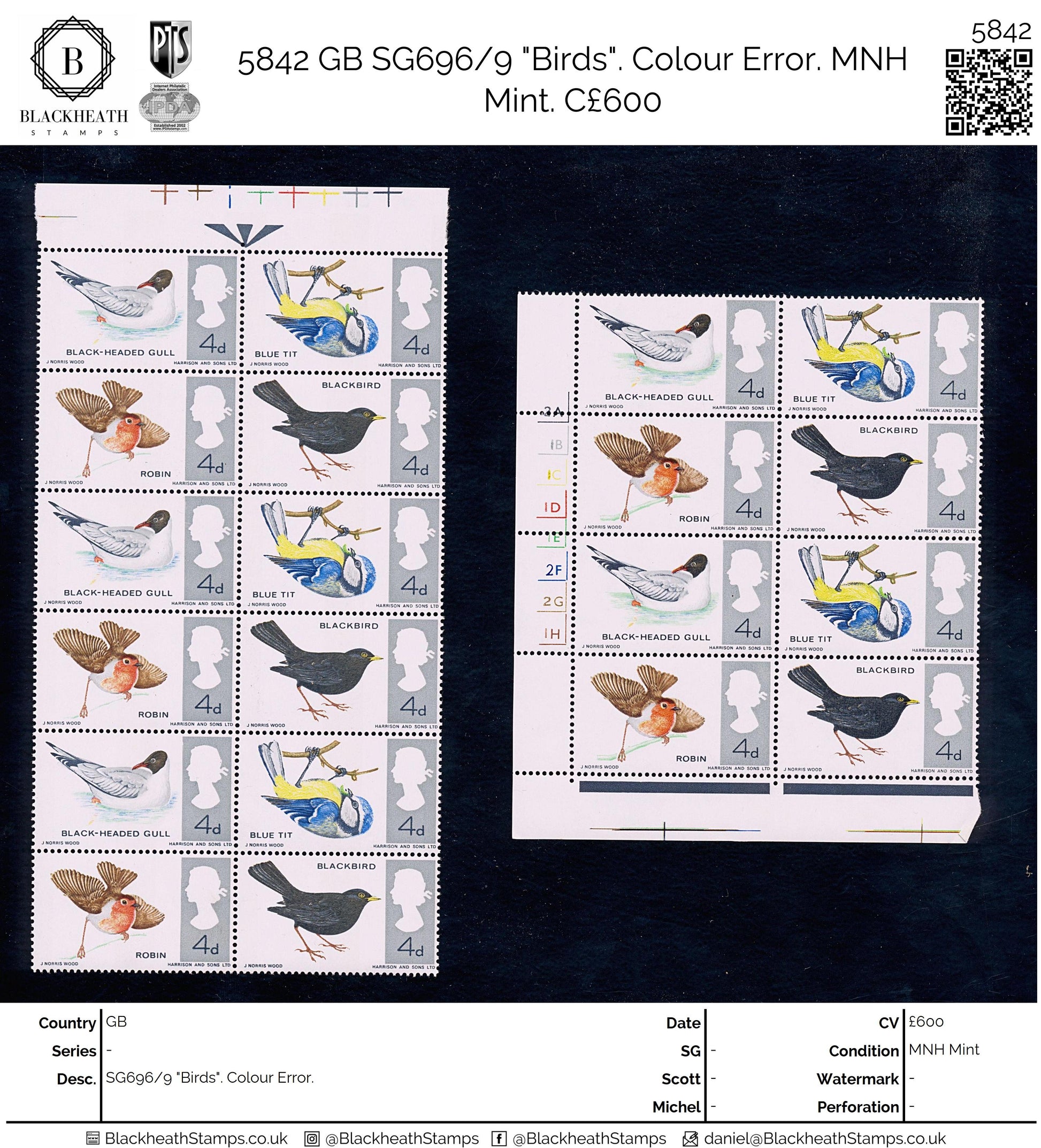 5842 GB SG696/9 "Birds". Colour Error.  MNH Mint. C£600