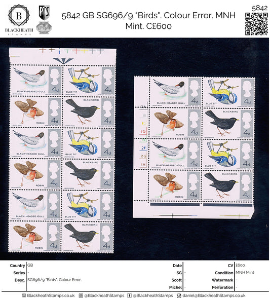 5842 GB SG696/9 "Birds". Colour Error.  MNH Mint. C£600