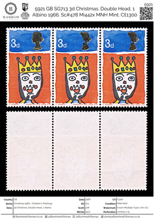 5921 GB SG713 3d Christmas. Double Head, 1 Albino 1966. Sc#478 Mi442x MNH Mint. C£1300
