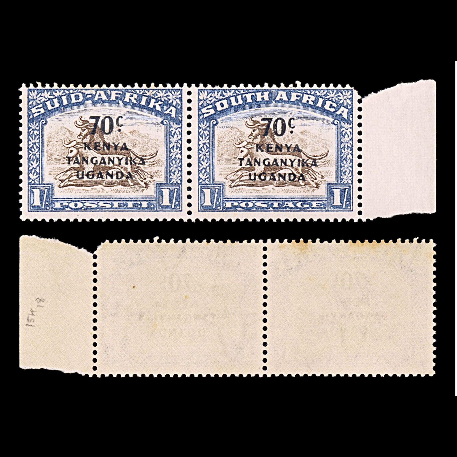 5979 British KUT SG154 70s on 1s Blue & Brown. Bilingual Pair 1942. Sc#89 Mi78-79 MNH Mint. C£18