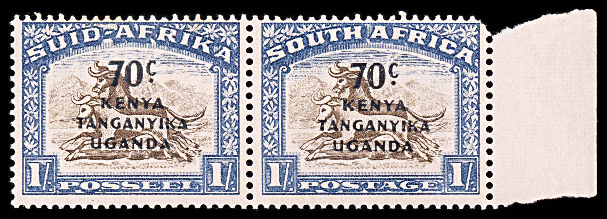 5979 British KUT SG154 70s on 1s Blue & Brown. Bilingual Pair 1942. Sc#89 Mi78-79 MNH Mint. C£18