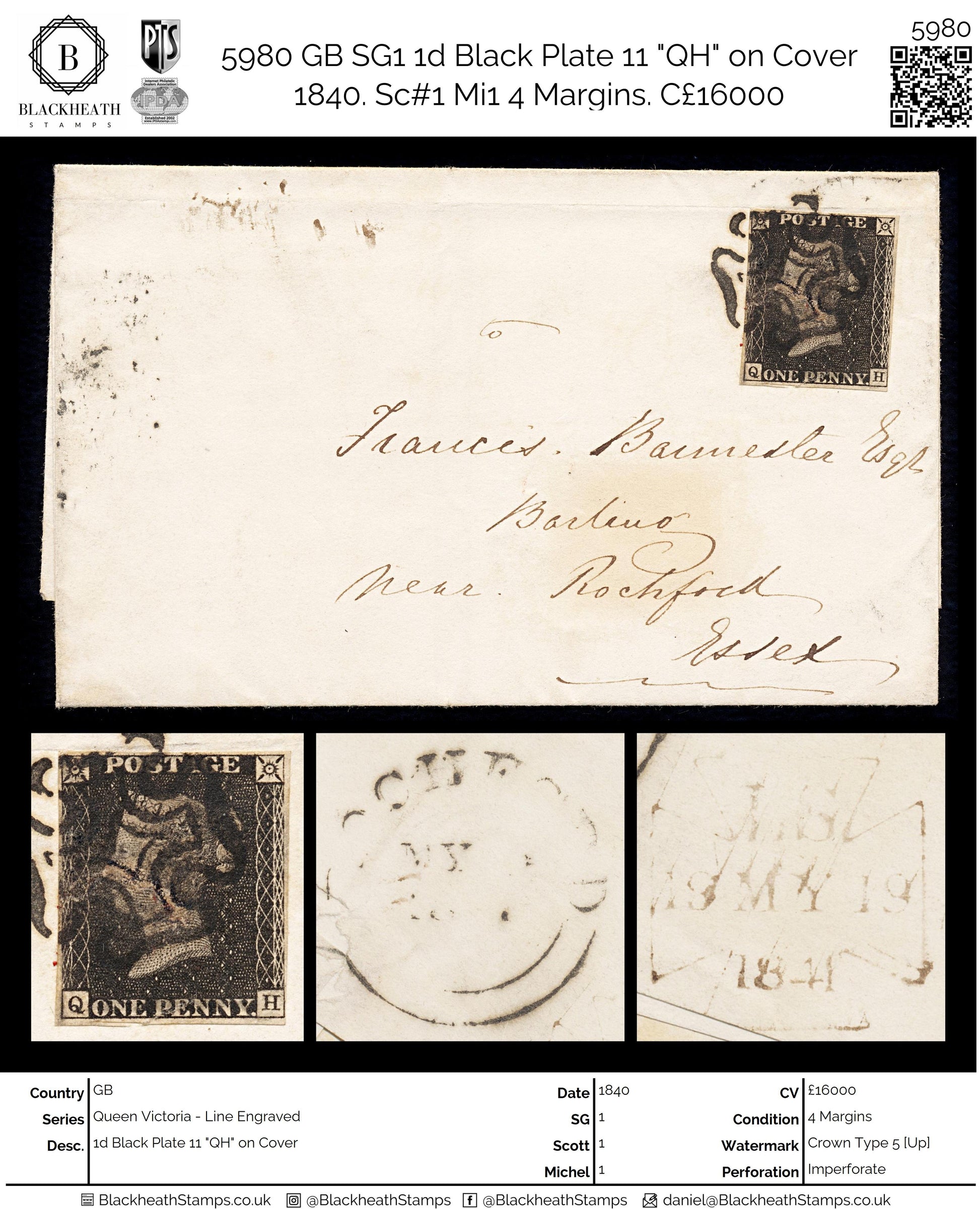 5980 GB SG1 1d Black Plate 11 "QH" on Cover 1840. Sc#1 Mi1 4 Margins. C£16000