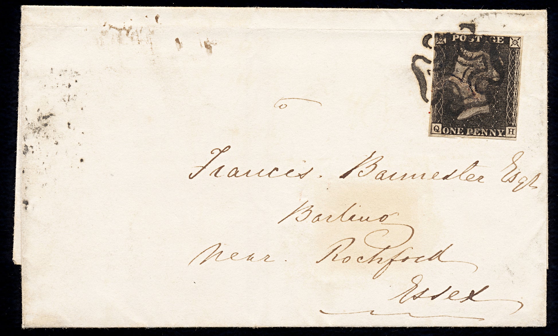 5980 GB SG1 1d Black Plate 11 "QH" on Cover 1840. Sc#1 Mi1 4 Margins. C£16000