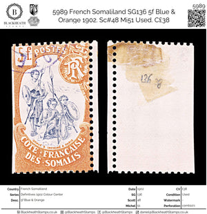 5989 French Somaliland SG136 5f Blue & Orange 1902. Sc#48 Mi51 Used. C£38