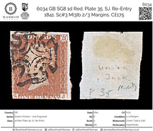 6034 GB SG8 1d Red. Plate 35. SJ. Re-Entry 1841. Sc#3 Mi3Ib 2/3 Margins. C£175