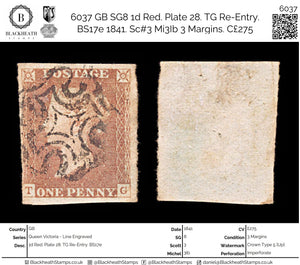 6037 GB SG8 1d Red. Plate 28. TG Re-Entry. BS17e 1841. Sc#3 Mi3Ib 3 Margins. C£275