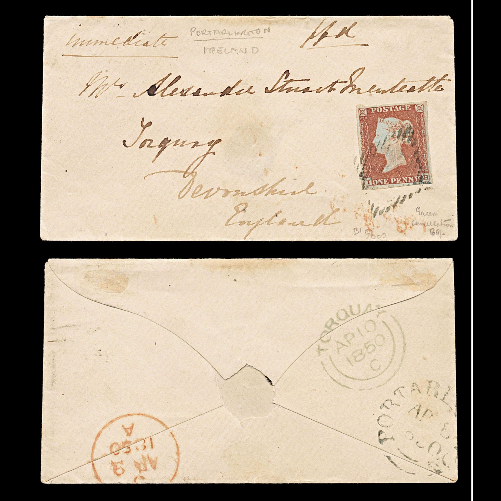 6072 GB 1d Red Plate 86. Green Irish 1884 Postmark. BS75xc 4 Margins. C£7000