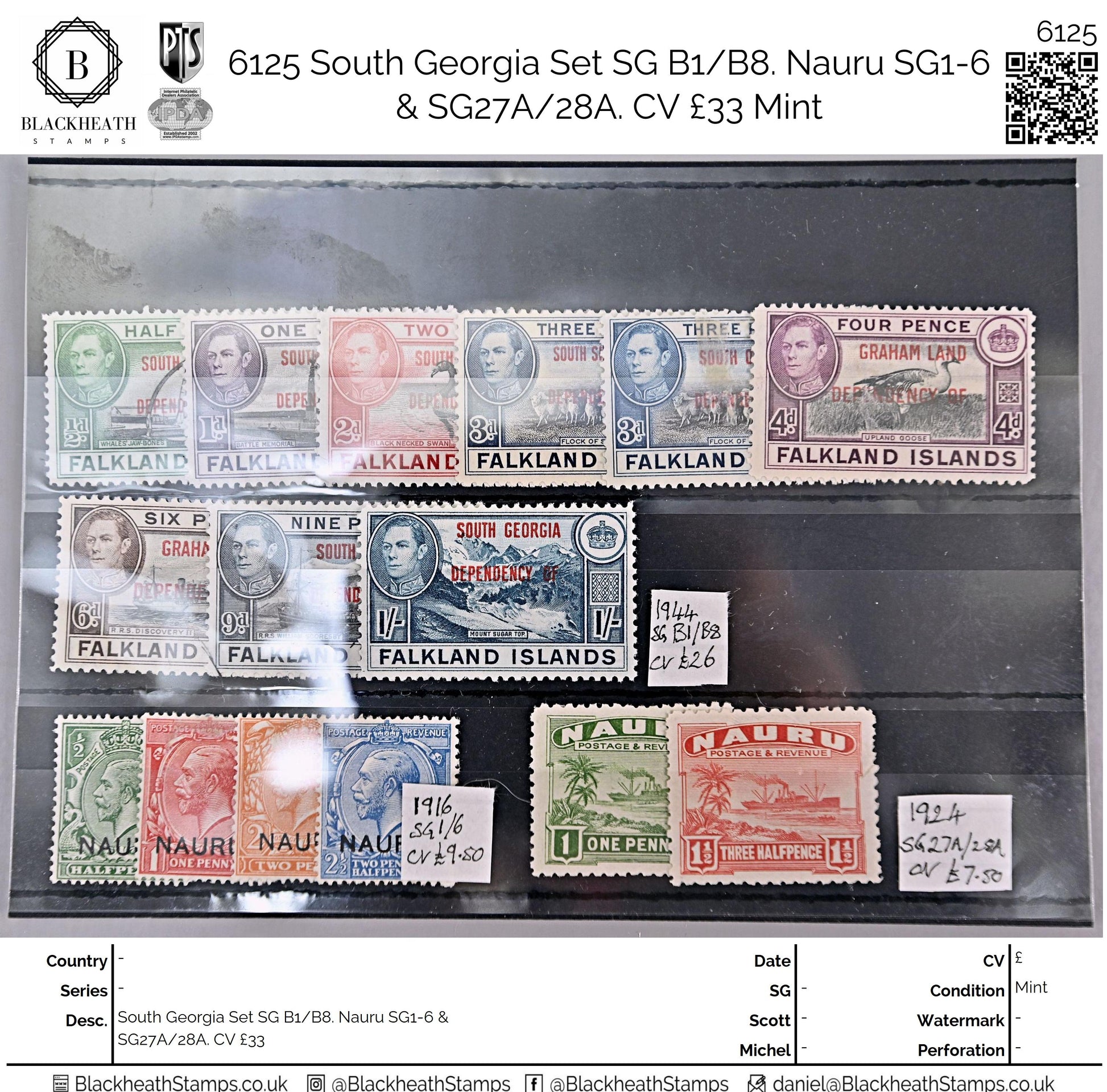 6125 Nauru South Georgia Set SG B1/B8. Nauru SG1-6 & SG27A/28A. CV £33 Mint