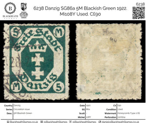 6238 Danzig SG86a 5M Blackish Green 1922. Mi108Y Used. C£90