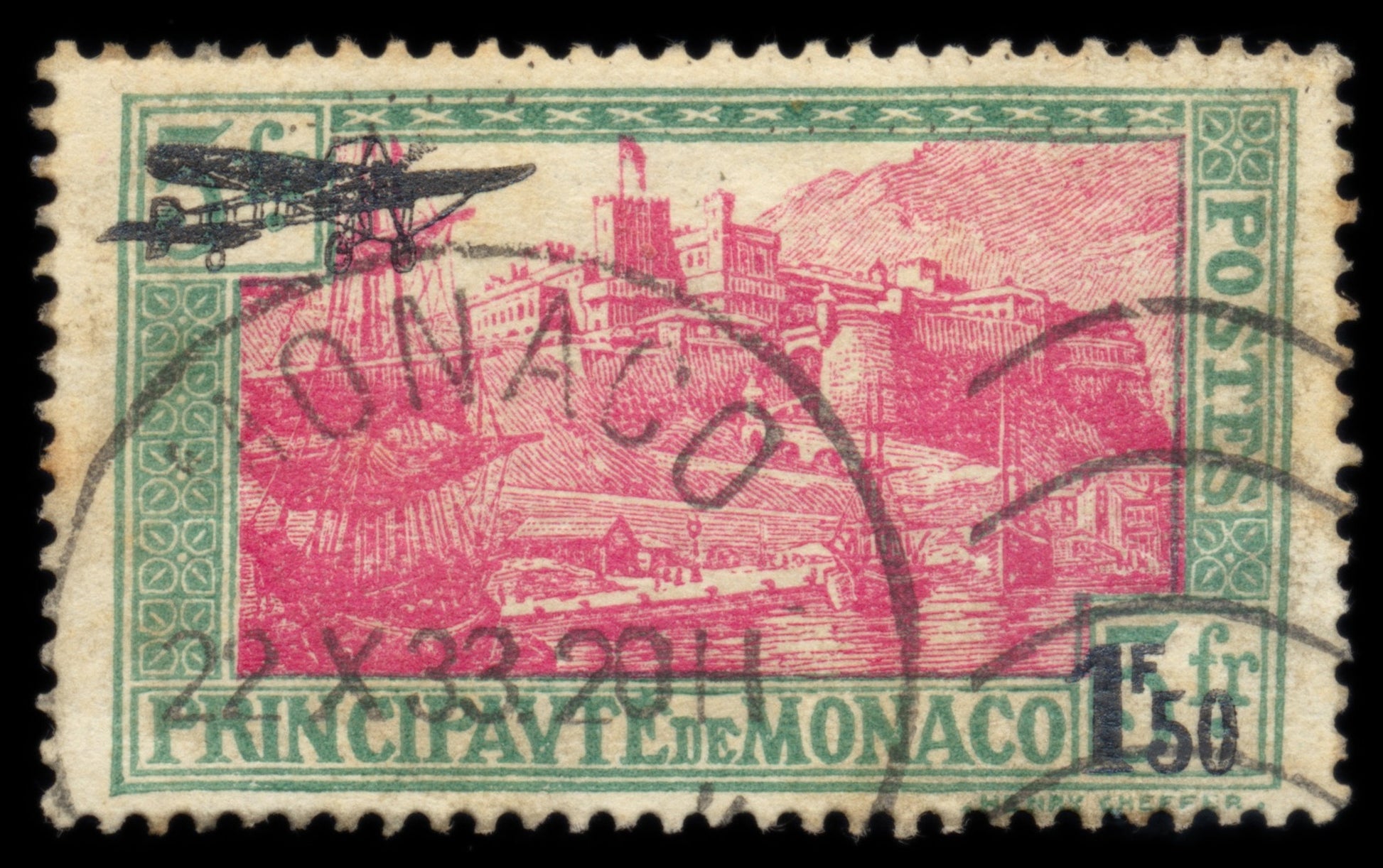 6254 Monaco SG143 1f50 on 5f Green & Pink 1933. Sc# C1 Mi137 Used. C£35