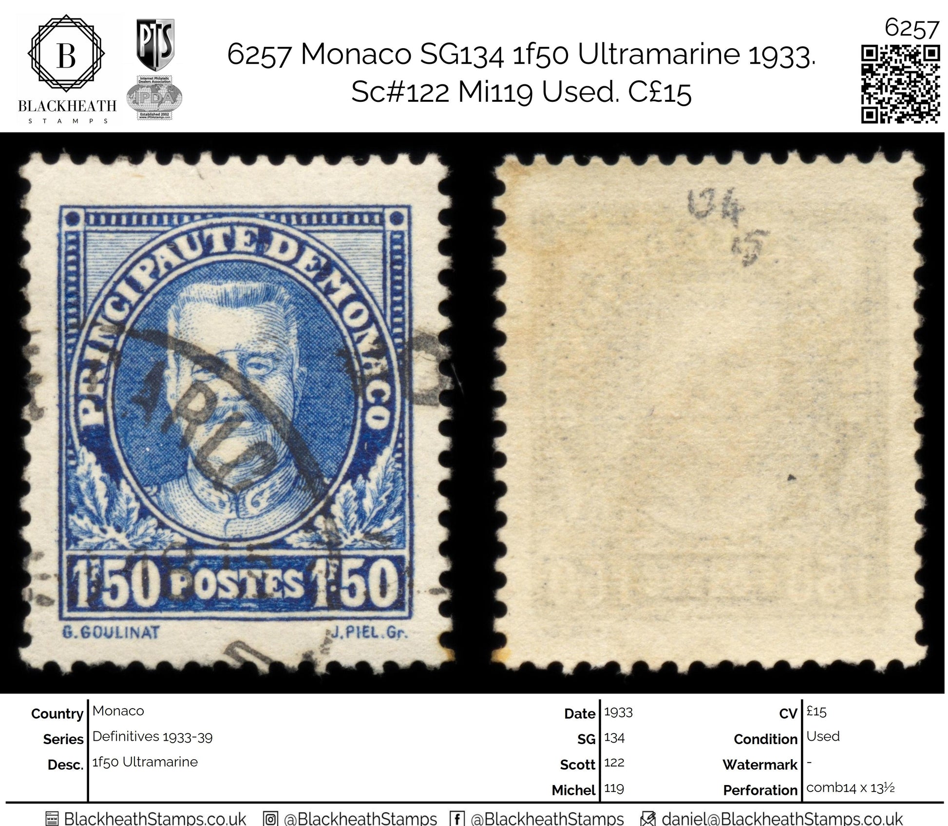 6257 Monaco SG134 1f50 Ultramarine 1933. Sc#122 Mi119 Used. C£15