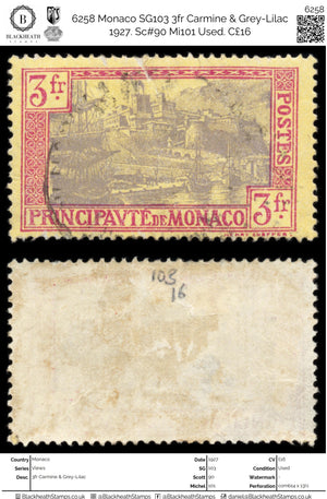 6258 Monaco SG103 3fr Carmine & Grey-Lilac 1927. Sc#90 Mi101 Used. C£16