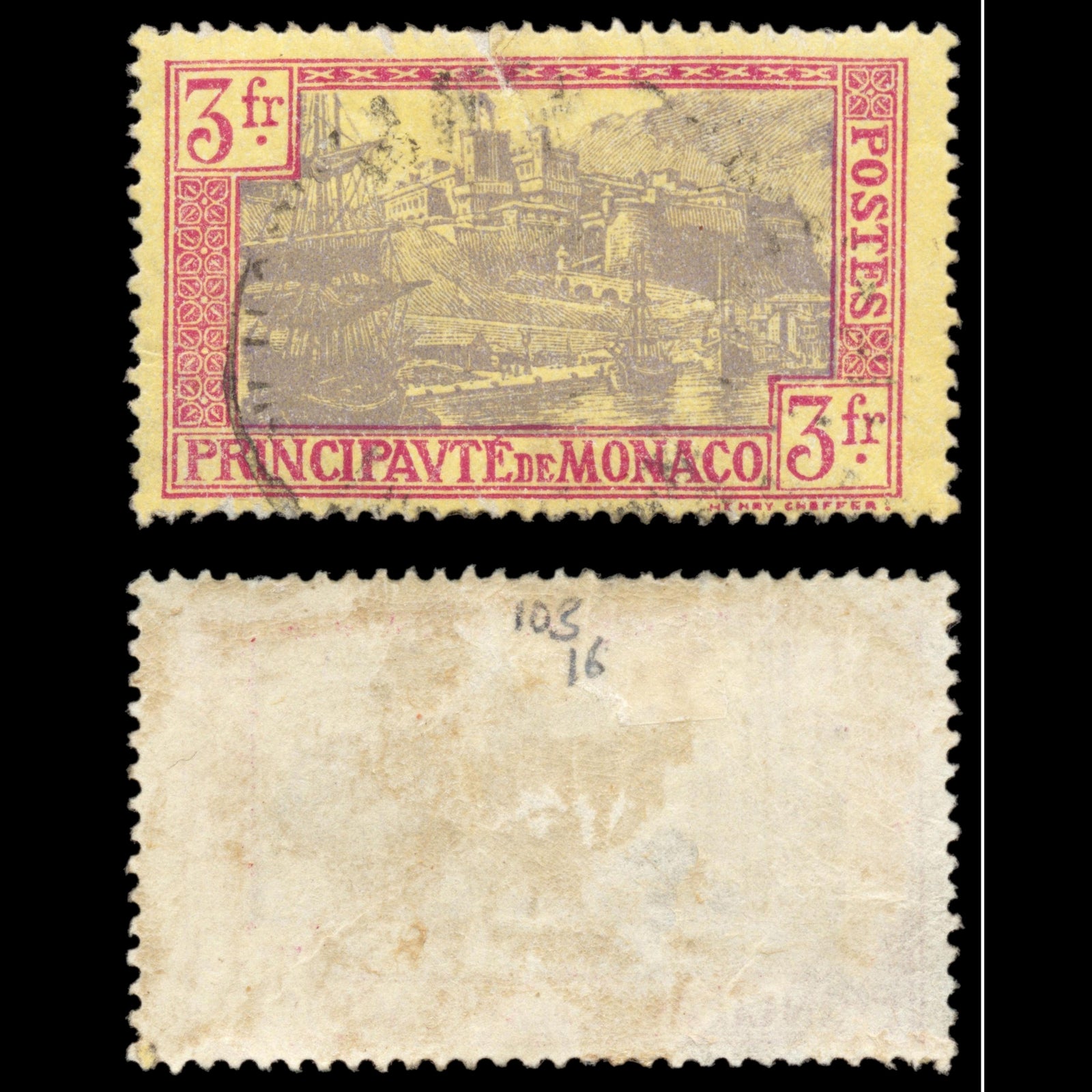 6258 Monaco SG103 3fr Carmine & Grey-Lilac 1927. Sc#90 Mi101 Used. C£16