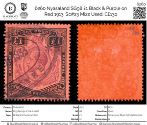 6260 Nyasaland SG98 £1 Black & Purple on Red 1913. Sc#23 Mi22 Used. C£130