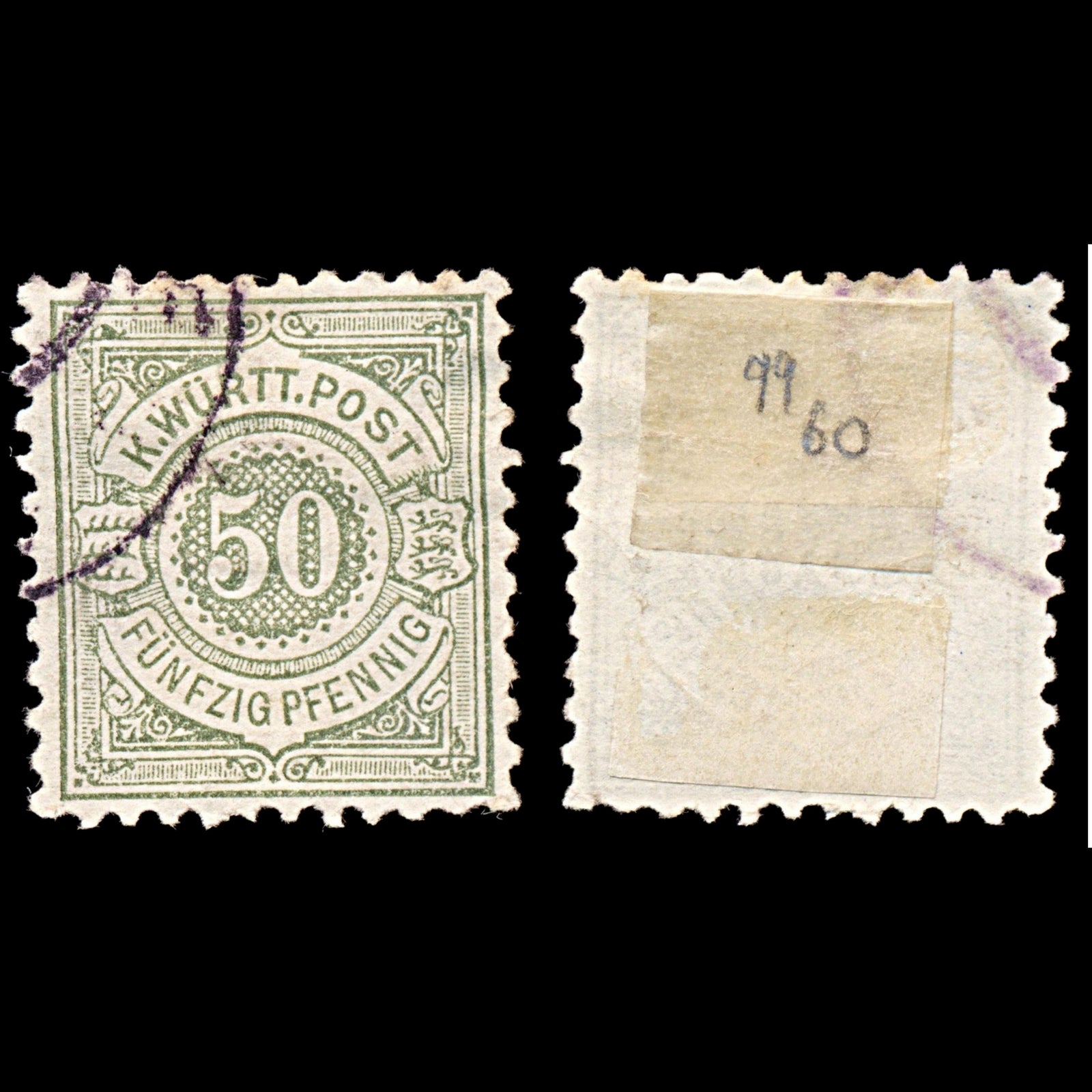 6299 Wurttemberg SG101 50Kr Grey Green 1878. Sc#67 Mi51 Used. C£60