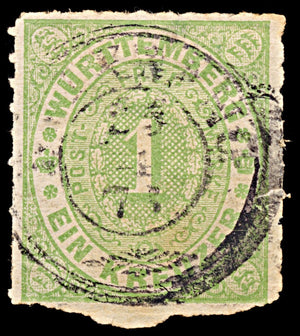6308 Wurttemberg SG72 1Kr Yellowish Green 1869. Mi36b Used. C£140