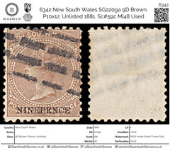 6342 New South Wales SG220ga 9D Brown. P10x12. Unlisted 1881. Sc#59c Mi48 Used, view 1