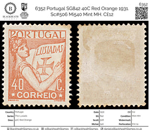 6352 Portugal SG842 40C Red Orange 1931. Sc#506 Mi540 Mint MH. C£12