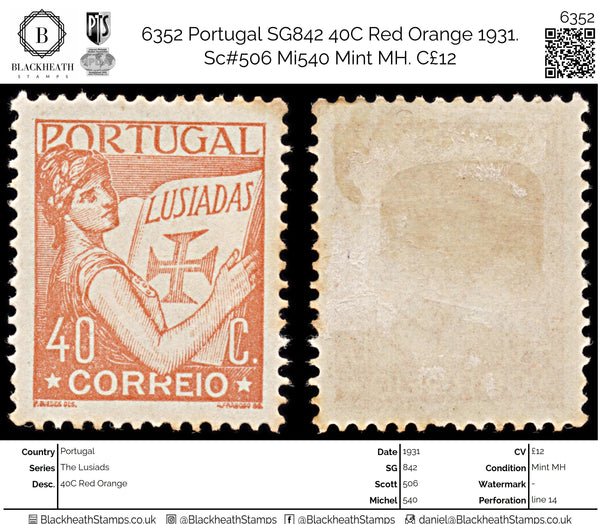 6352 Portugal SG842 40C Red Orange 1931. Sc#506 Mi540 Mint MH. C£12
