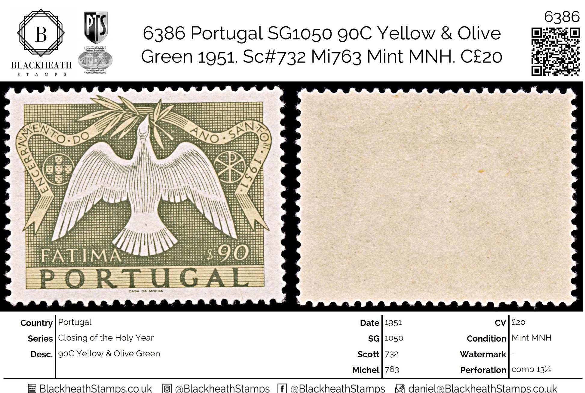 6386 Portugal SG1050 90C Yellow & Olive Green 1951. Sc#732 Mi763 Mint MNH. C£20