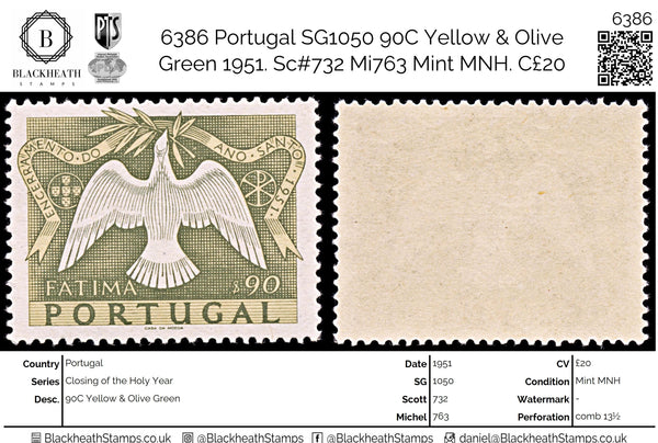 6386 Portugal SG1050 90C Yellow & Olive Green 1951. Sc#732 Mi763 Mint MNH. C£20