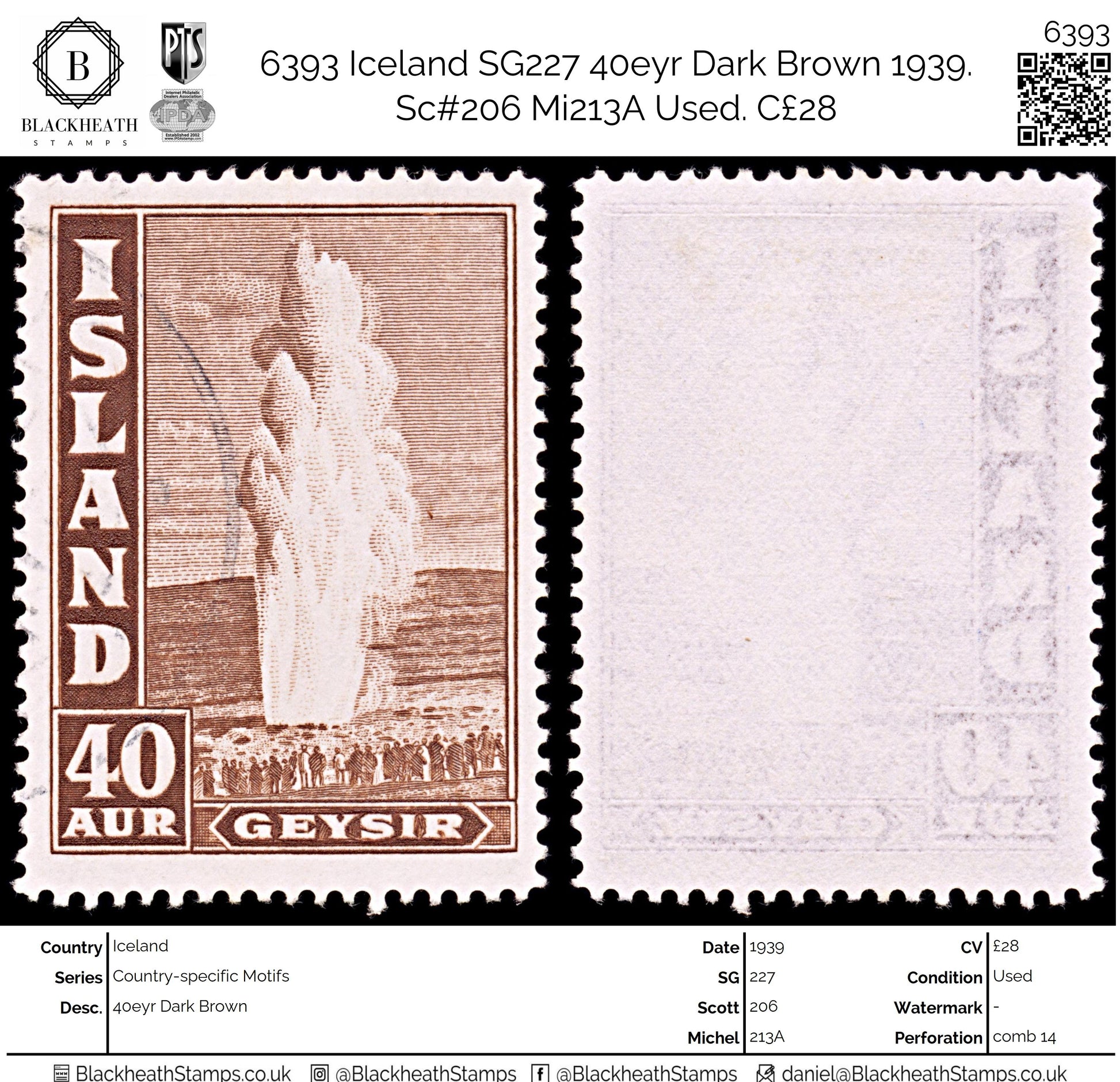 6393 Iceland SG227 40eyr Dark Brown 1939. Sc#206 Mi213A Used. C£28