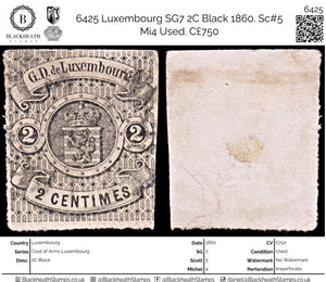 6425 Luxembourg SG7 2C Black 1860. Sc#5 Mi4 Used. C£750
