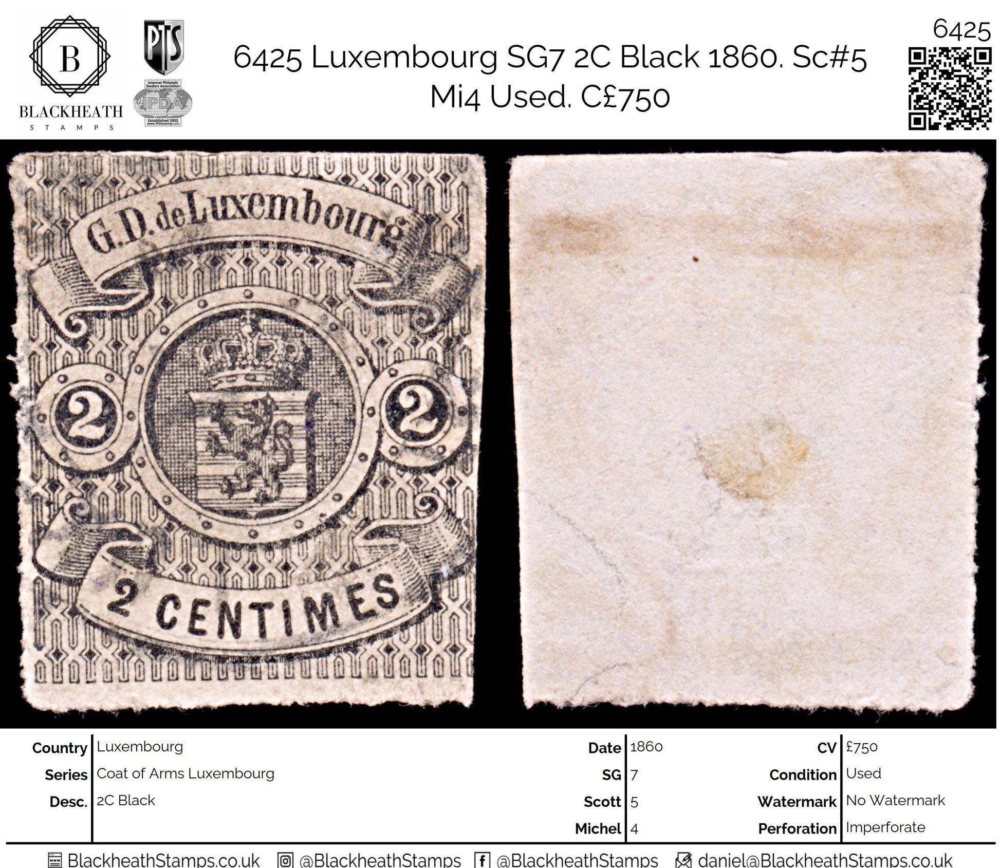 6425 Luxembourg SG7 2C Black 1860. Sc#5 Mi4 Used. C£750