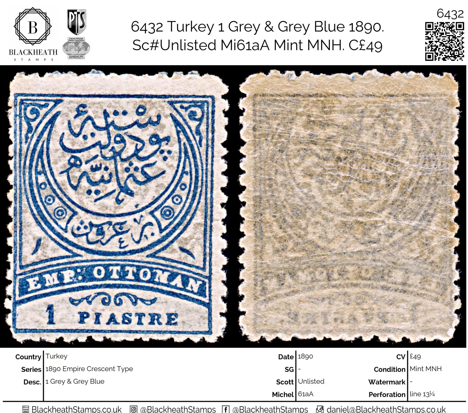 6432 Turkey 1 Grey & Grey Blue 1890. Sc#Unlisted Mi61aA Mint MNH. C£49