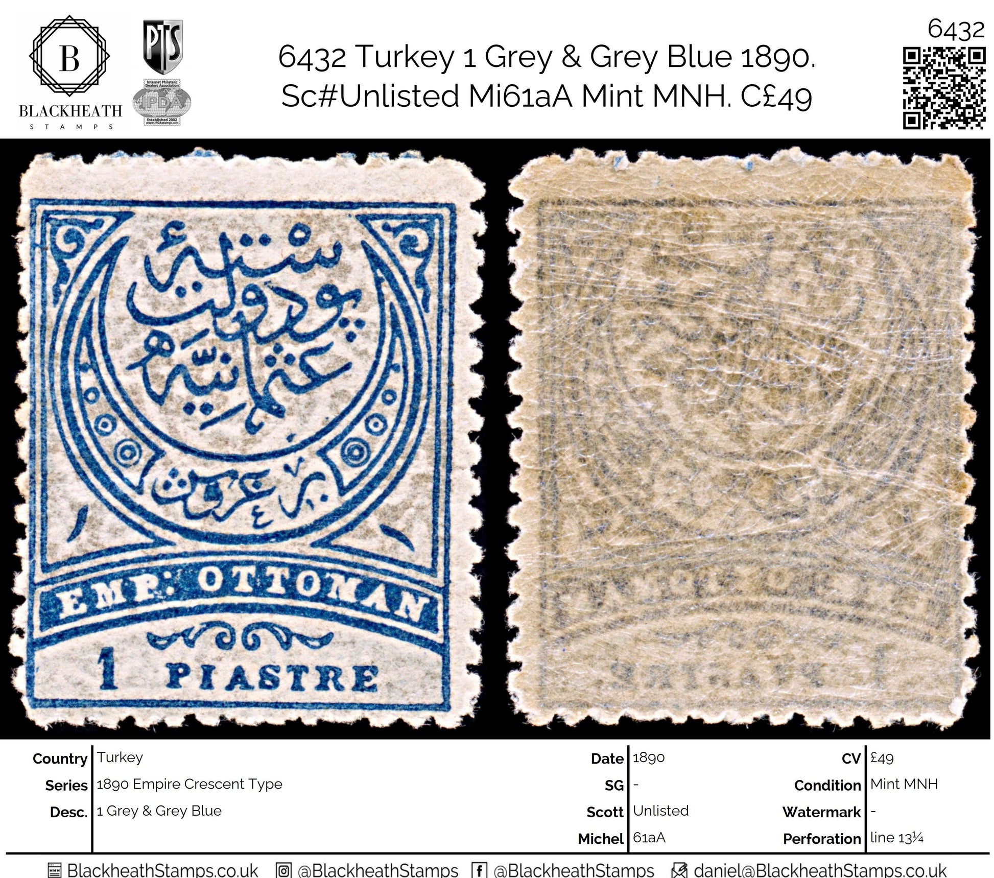 6432 Turkey 1 Grey & Grey Blue 1890. Sc#Unlisted Mi61aA Mint MNH. C£49