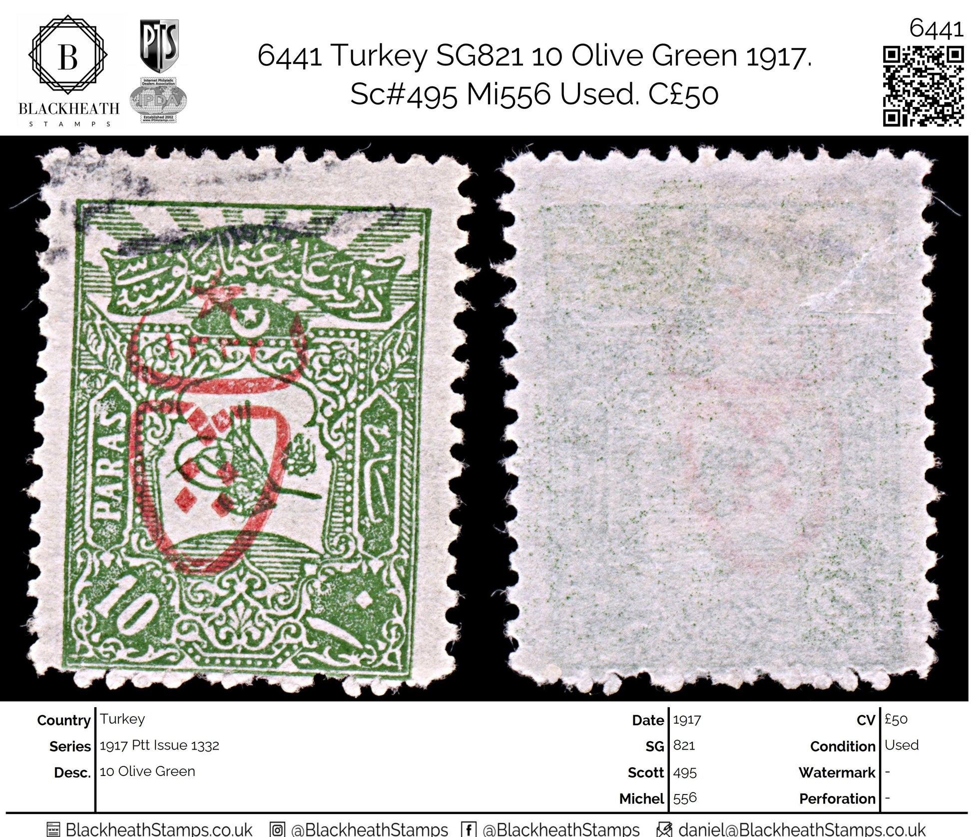 6441 Turkey SG821 10 Olive Green 1917. Sc#495 Mi556 Used. C£50
