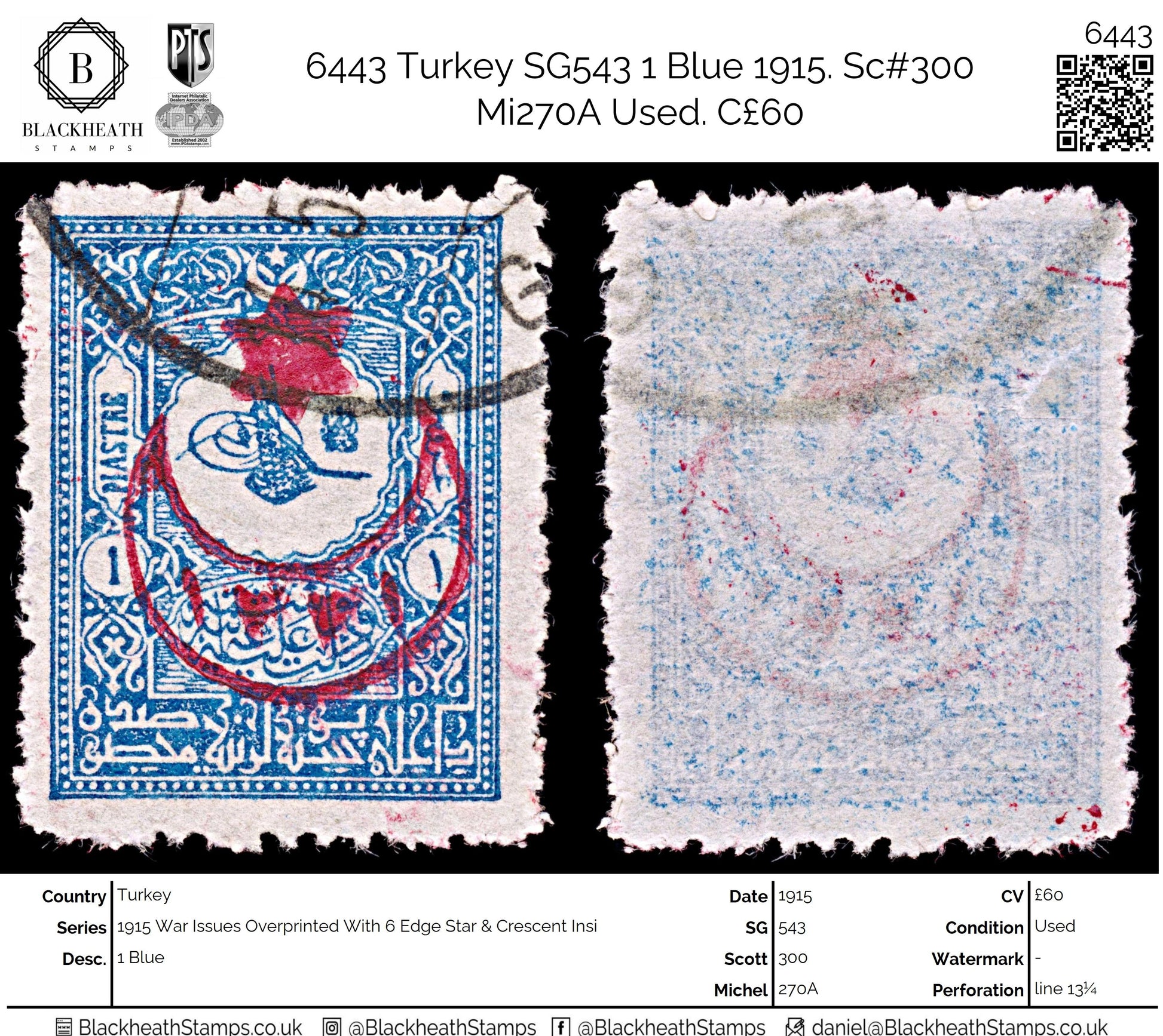 6443 Turkey SG543 1 Blue 1915. Sc#300 Mi270A Used. C£60