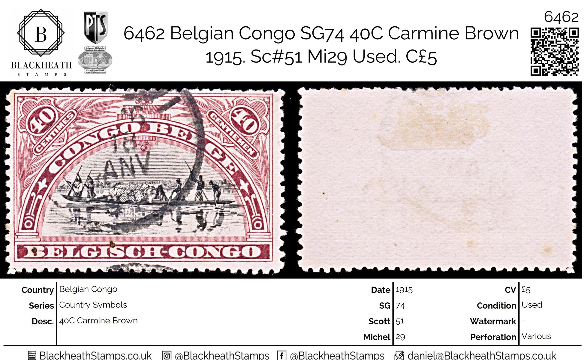 6462 Belgian Congo SG74 40C Carmine Brown 1915. Sc#51 Mi29 Used. C£5