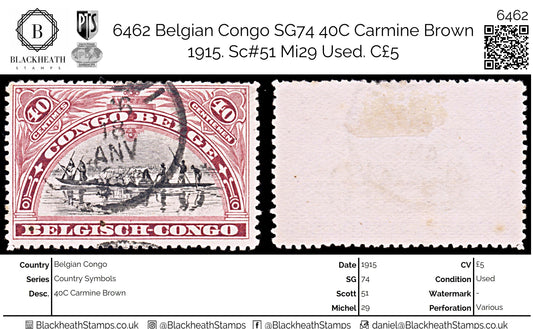 6462 Belgian Congo SG74 40C Carmine Brown 1915. Sc#51 Mi29 Used. C£5