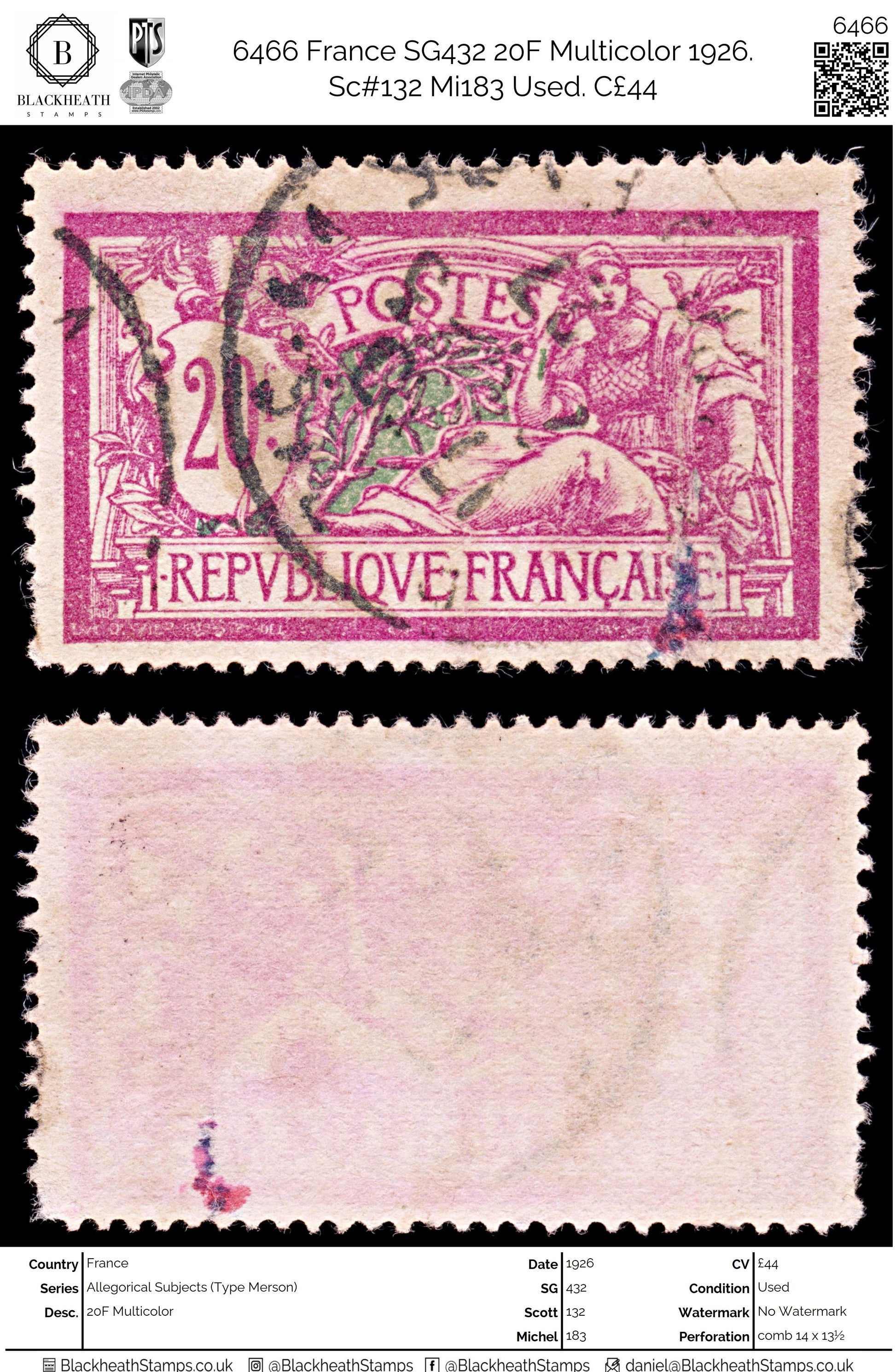 6466 France SG432 20F Multicolor 1926. Sc#132 Mi183 Used. C£44