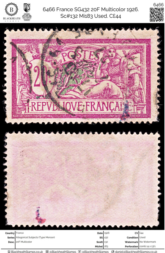 6466 France SG432 20F Multicolor 1926. Sc#132 Mi183 Used. C£44