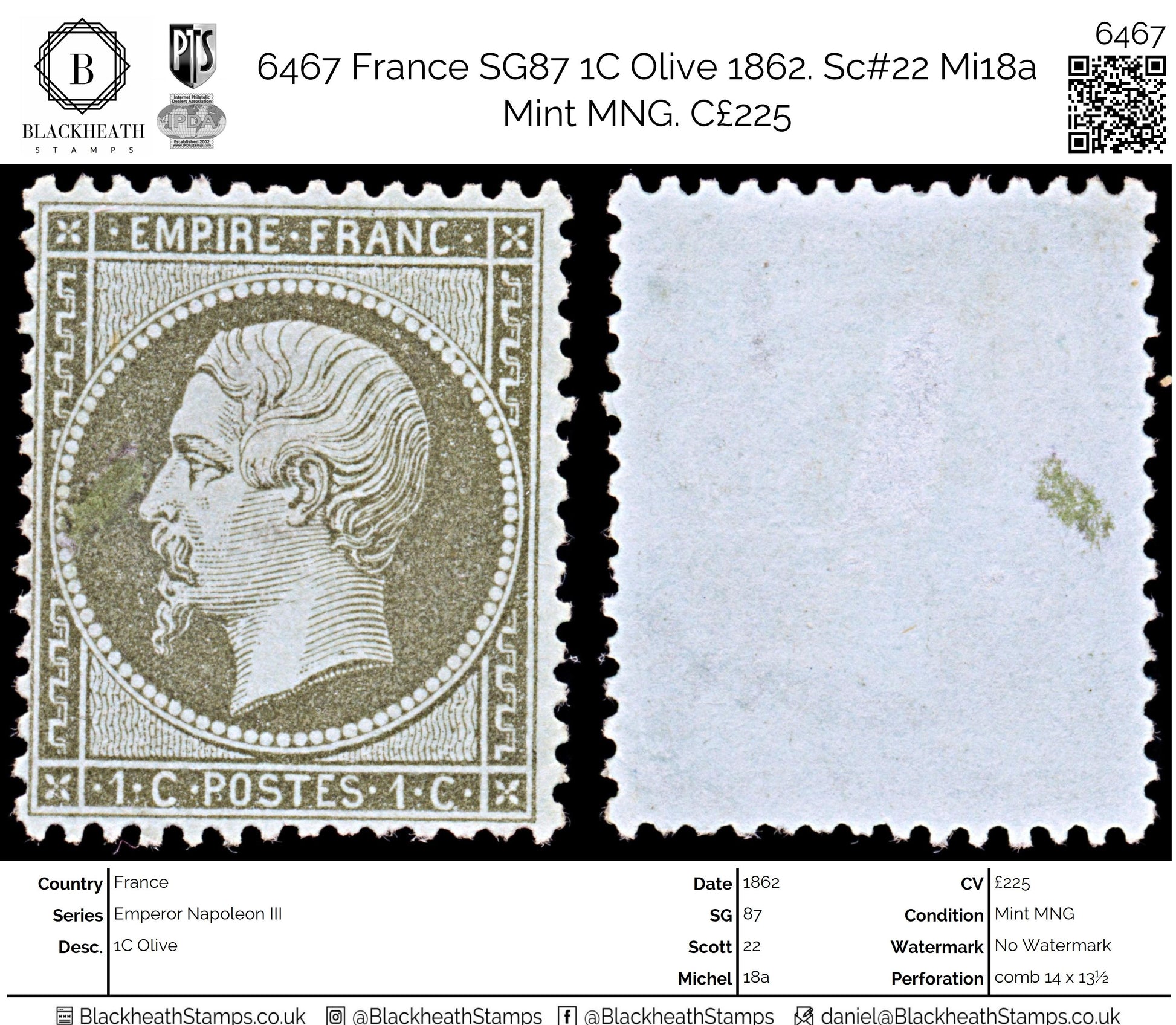 6467 France SG87 1C Olive 1862. Sc#22 Mi18a Mint MNG. C£225