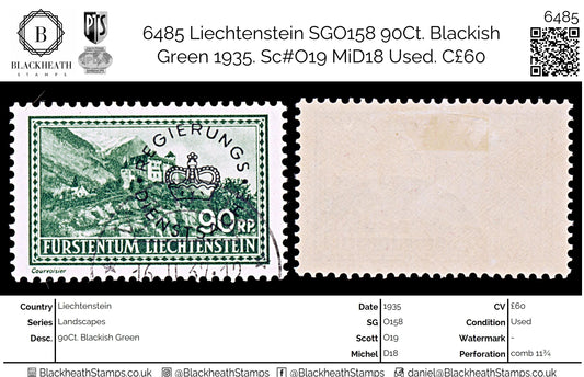 6485 Liechtenstein SGO158 90Ct. Blackish Green 1935. Sc#O19 MiD18 Used. C£60