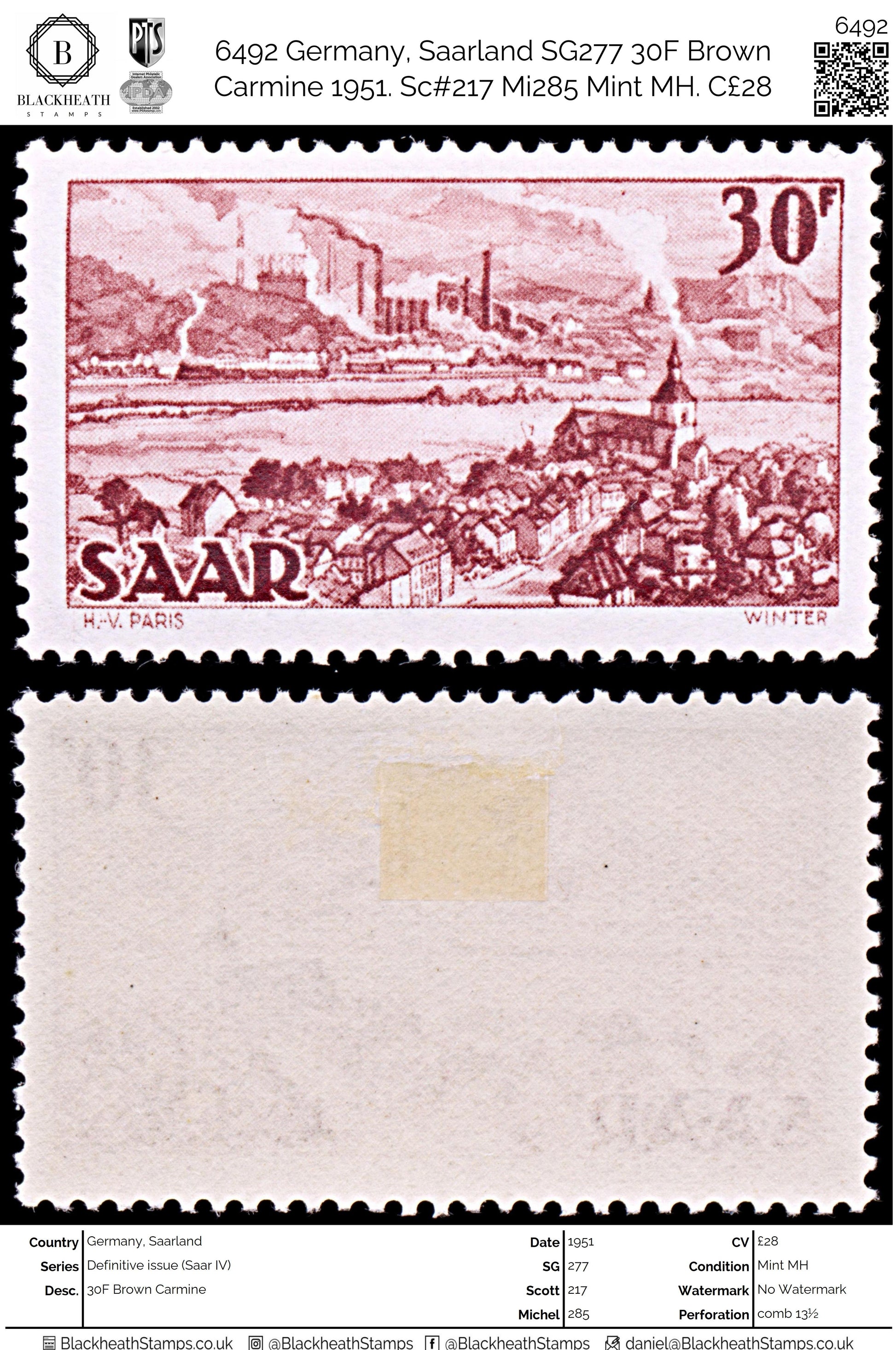 6492 Germany, Saarland SG277 30F Brown Carmine 1951. Sc#217 Mi285 Mint MH. C£28