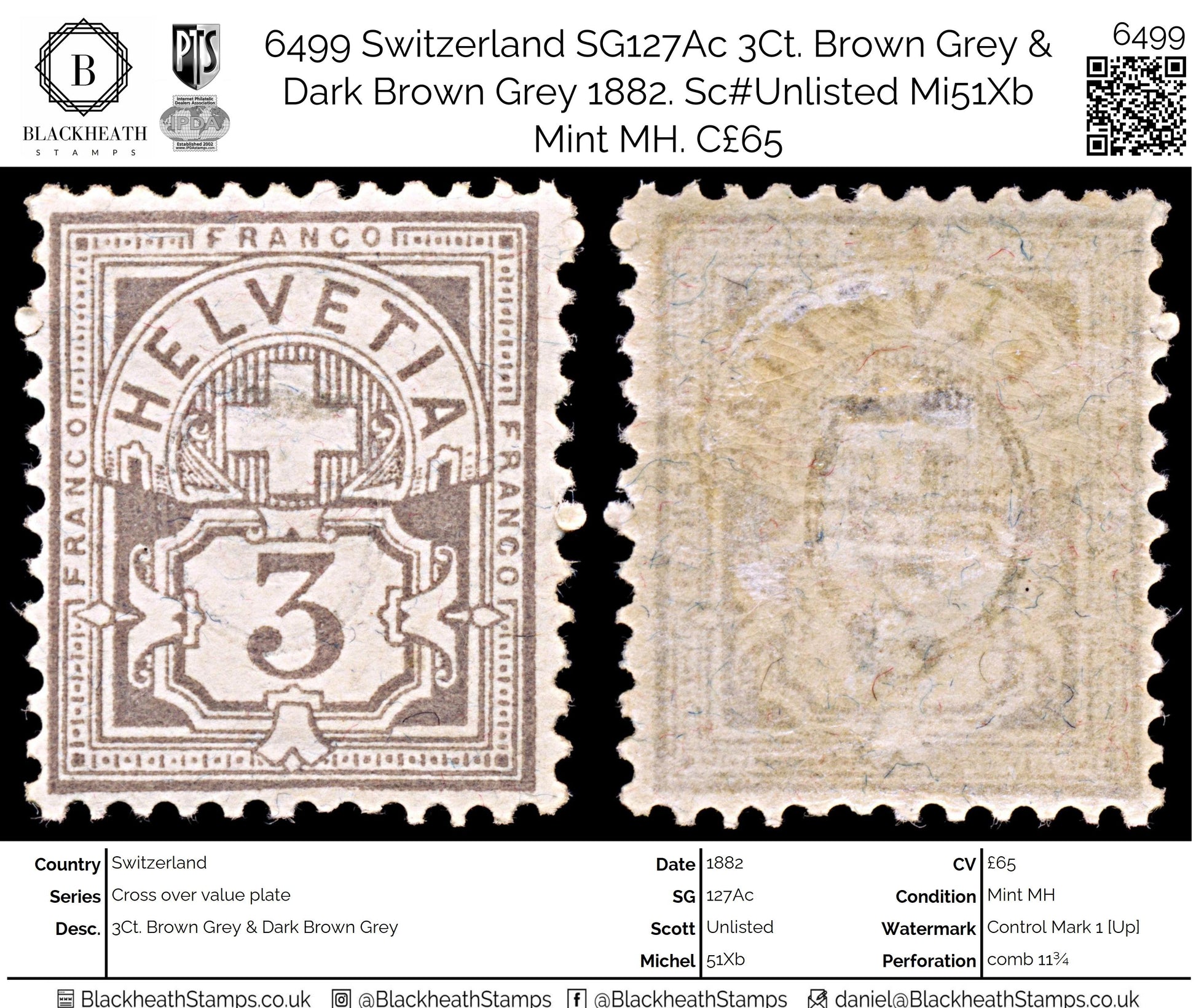 6499 Switzerland SG127Ac 3Ct. Brown Grey 1882. Sc#Unlisted Mi51Xb Mint MH. C£65