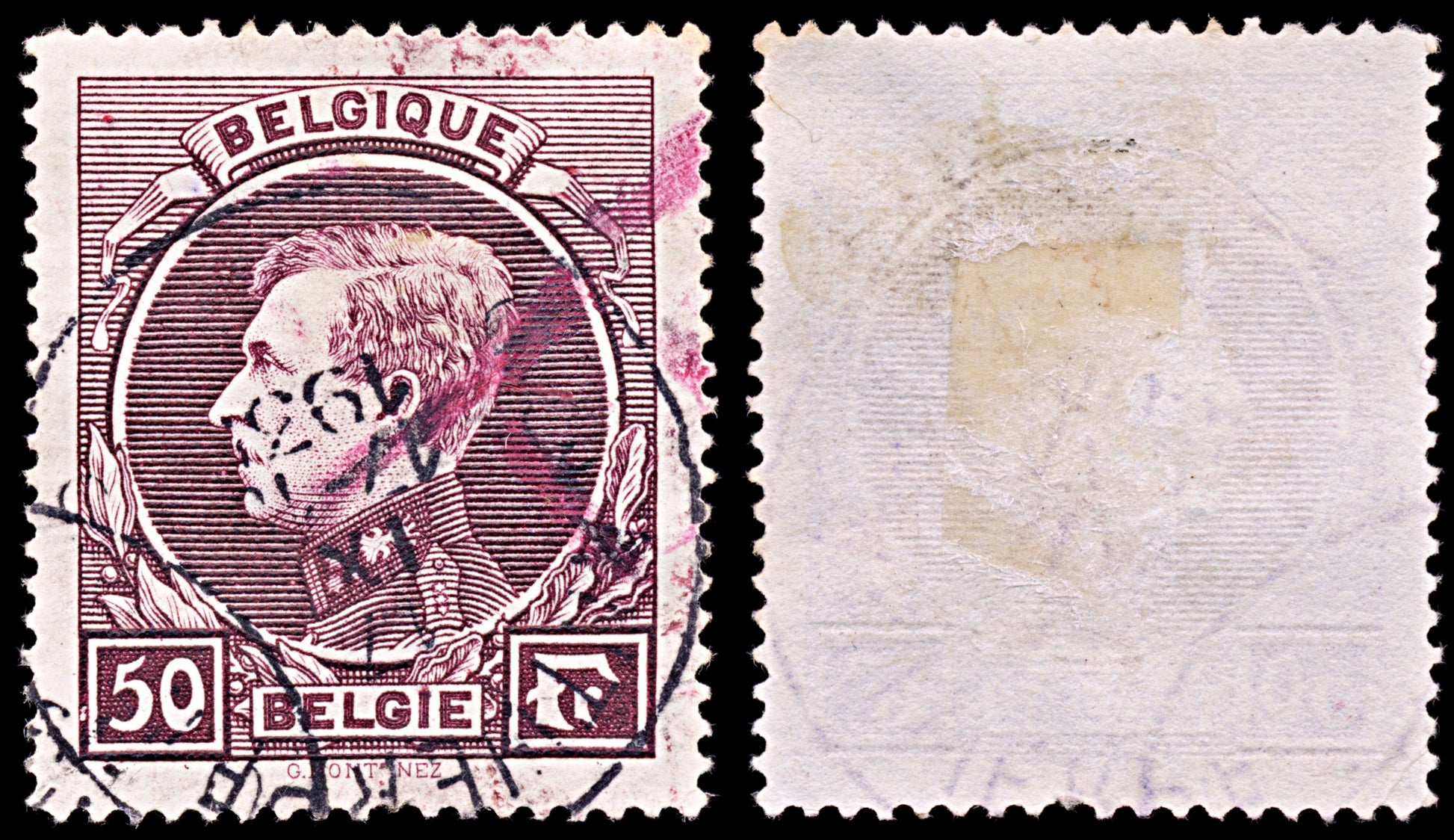 6505 Belgium SG503 50Fr Purple Red 1929. Sc#214a Mi264 Used. C£65